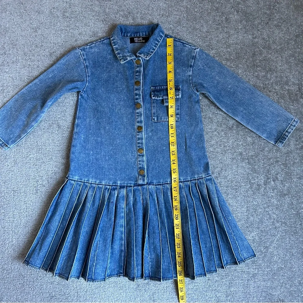 Hello Yellow Girl’s Blue Distressed Denim Pleated Skirt Shirt Dress, Size 6